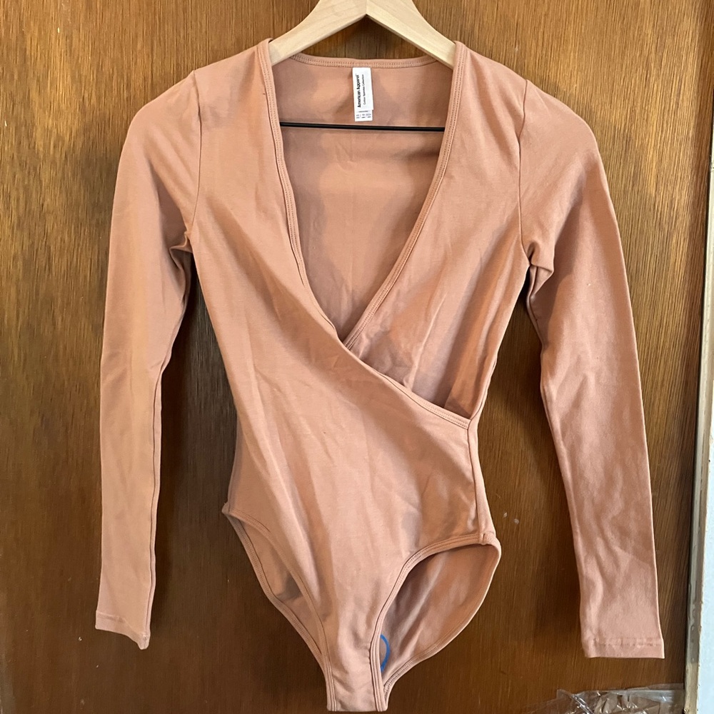 American Apparel Women's Cotton Spandex Long Sleeve Cross V Bodysuit - Nude 6